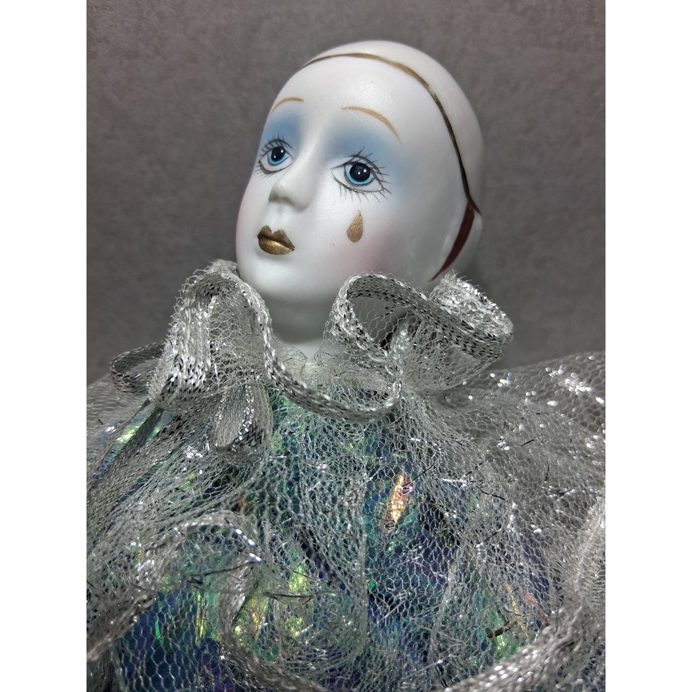 Vintage Musical Pierrot Clown Doll Porcelain Harlequin Figurine, French Carnival